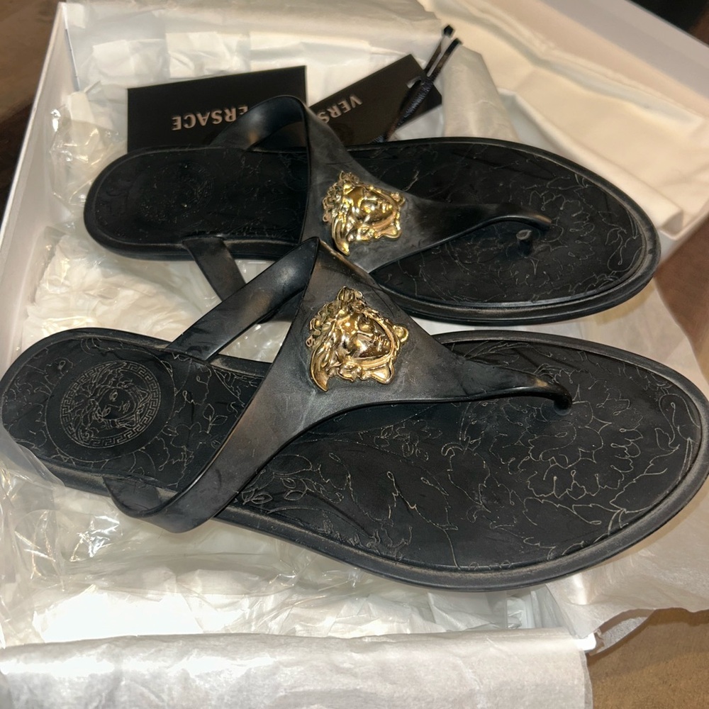 Versace Black and Gold Medusa Sandals